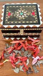 Antonio Lopez Morilla 1960's Marquetry Inlaid Box With Mexican Milagros Religious Healing Folk Charms