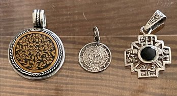 3 Vintage Sterling Silver Pendants - 2 Taxco Mexico And 1 950 Etched Floral Pendant Total Weight 10.5 Grams