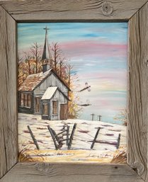 Vintage Original A. Veatch Oil Painting On Board With 3D Church And Fence In Barn Wood Frame