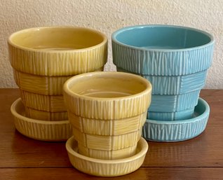 3 Vintage McCoy Pottery Basketweave Planters Yellow & Teal Mid Century
