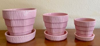 3 Pink McCoy Pottery Basketweave Planter Pots In Pink