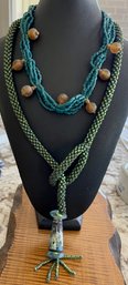 Gorgeous Artisan Glass Bead Lariat Necklace And Art Glass Multi Strand Necklace