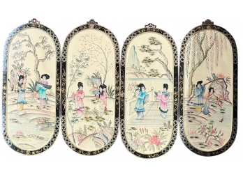 (4) Japanese Shibayma Mother Of Pearl Inlay Lacquer Wall Panels