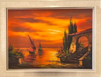 Vintage Original Sunset Framed Oil Painting Signed