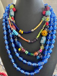 Chico's Art Glass Bead Strand Necklace & Two Strand Blue Glass Bead Coldwater Creek Necklace