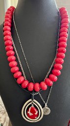 Artisan Necklace Lot - Red Glass Beads - Leather & Silver Tone Necklace With Enamel Pendant - Davinci Necklace