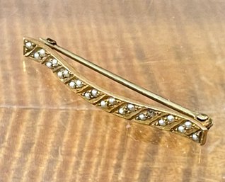 Gorgeous Victorian 14K Yellow Gold & Seed Pearl Bar Pin Brooch