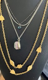 Vintage Chain Necklace Lot - Druzy Quartz Pendant With Rhinestones - Gold Tone Medallion & More