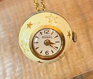 Mid Century Borel Swiss Cream Enamel & Gold Star Ball Watch Pendant With 1/20 12K Gold Filled 24' Chain Works