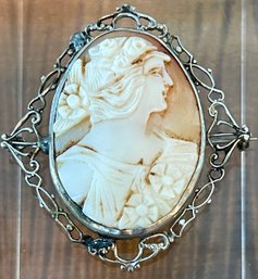 Antique SIlver Frame Shell Cameo Pin Brooch Pendant