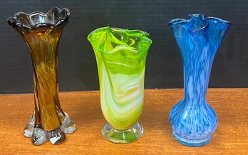 (3) Vintage Hand Blown Swung Glass Vases - (1) Signed Bl 05'