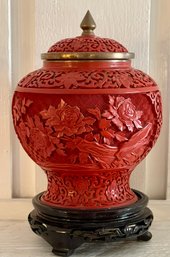 Stunning  Vintage Chinese Carved Cinnabar Lacquer Ginger Jar With Blue Enamel Interior & Carved Wood Base