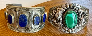 (2) Tribal Afghan Blue Lapis And Malachite Silver Tone Cuff Bracelets