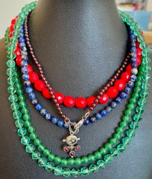 Laguna Garden Party Red Facetted Bead, Garnet And Sterling Silver, Blue Lapis Bead, Green Jadeite Necklace