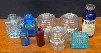 Vintage Apothecary Lot - Painted Lidded Canisters, Art Glass Jars, Romo-seltzer Bottle, And More