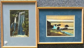 Pair Of Small Waterfall And Beach Prints In Frames