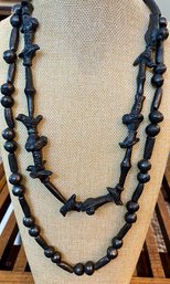2 Vintage Oaxaca Blackware Pottery Hand Carved 24' Bird Bead Necklace & 32' Round And Tube Bead Necklace