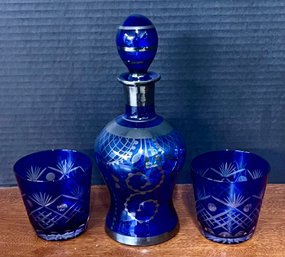 (2) Crystal Cobalt Blue Cut To Clear Old Fashioned Glasses Bohemian And Murano Venetian Art Glass Decanter