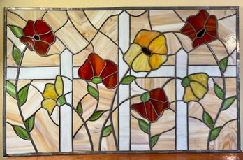 Spectacular Stained Glass Flower & Picket Fence Window Panel 39'w X 24.5'h Yellows - Greens - Rust Orange