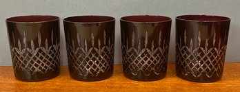 Czech Bohemian Cut To Clear Red Pineapple Design Low Ball Glasses