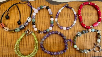 (7) Healing Gemstone Bracelets - Amethyst, Rose Quartz, Moon Stone, Black Obsidian, Citrine, Coral, And More