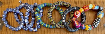 Fancy Ghana Krobo Beads Mixed Color Stretch Bracelets, Asian Blue And White Porcelain Bead Bracelets