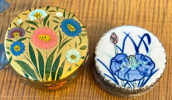 2 Vintage Trinket Boxes - Paper Mache Flowers India & Porcelain & Metal With Mirrored Top