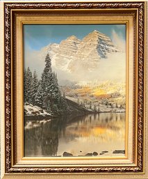 Winter Mountain Landscape Print In Decorative Gold Tone Frame