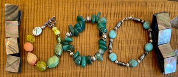 Lot Of Natural Stone, Turquoise, Abalone, Plastic, And Metal Stretch Bracelets