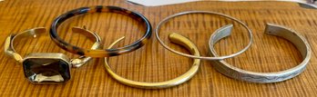 Bracelets- Vintage Tibet Silvertone Stamped, Brass Cuff, Goldtone Snake Motif And Glass Stone, Bakelite Bangle