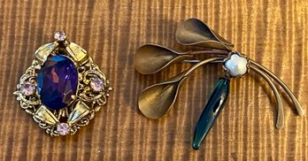 Victorian Revival Gilt Brass Amethyst Glass Brooch Pin 1930's & Brass Pin Faux Pearl & Blue Glass Pin