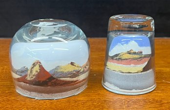 (2) Vintage Hand Made Desert Sand Art Paper Weights