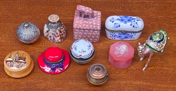 (10) Vintage Trinket Boxes - Kenya Pottery, Metal, Shell, Porcelain, Metal Enamel Camel, And More