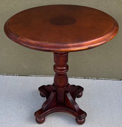 Vintage Wood And Veneer Cherry Tone Round Side Table