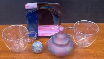 Rueven Art Glass Covered Dish, Art Glass Signed Cow Egg, Art Glass Plate, Pink Glass Mugs