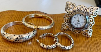 Brighton Clock, (2) Hinged Bracelets, And Matching Pair Of Earrings