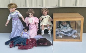 Assorted Porcelain And Plastic Dolls - Shadow Box And Outfits