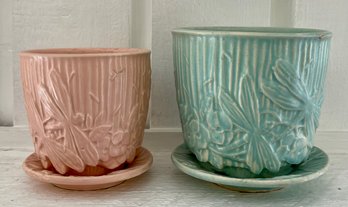 2 Vintage McCoy Pottery Dragonfly Planter Pots Pink & Green