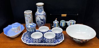 Asian Porcelain - Tea Set With Tray, Bowls, Peacock Vase, And More