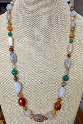 Vintage Stone Bead 24 Inch Necklace -  Carnelian - Jadeite - Jasper - Quartz And More