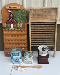 Vintage And Antique Lot - Hand Made Calender, Coffee Grinder, Mother Hubbard Washboard, Bean Spoon