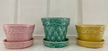 3 Vintage McCoy Pottery Planter Pots - Greek Key & Green Quilted