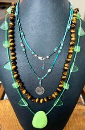 24 Inch Tiger's Eye Stone Bead  - 22 Inch Green Glass &  32 Inch Blue Heishi Bead & Sterling Necklaces