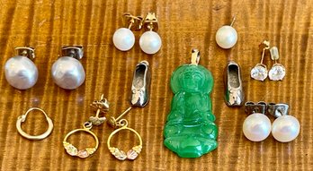 10k Gold And Jade Carved Pendant, 14k Gold And Pearl Earrings, 14k Gold And CZ Earrings, And Gold Hoops