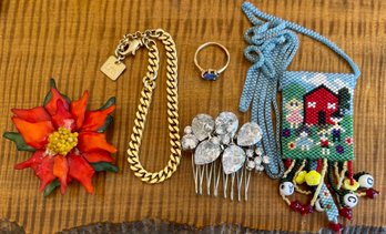 Eclectic Jewelry - J Crew Rhinestone Hair Comb, Seed Bead Necklace, LM Bracelet, And Faux Opal Gold Tone Ring