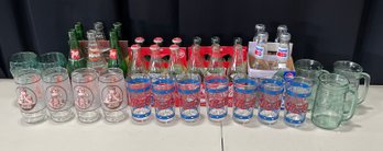 Large Collectible Coca Cola Coke Pepsi And 7up Lot - Glass Bottles With Original Boxes, Assorted Glasses