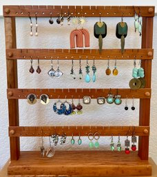 Lot Of Assorted Boho Wire And Post Earrings - Stones, Beads, Rhinestones, Ceramic, And More - With Stand