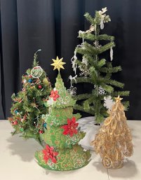 (4) Small Faux Greenery And Metal Table Top Christmas Trees
