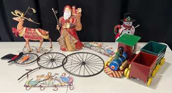 Small Holiday Lot - Angel, Metal Figurines, Wooden Train, Lighted Snowman, And More