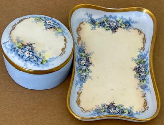 (2) Antique Painted Germany Dresser Tray And Covered Jar - MZ Austria, Weiman Germany